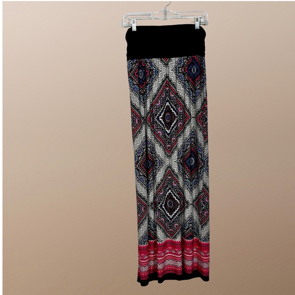 Apt. 9 Maxi Skirt Women XL Black Pink Geometric Diamond Print Stretch Knit Boho